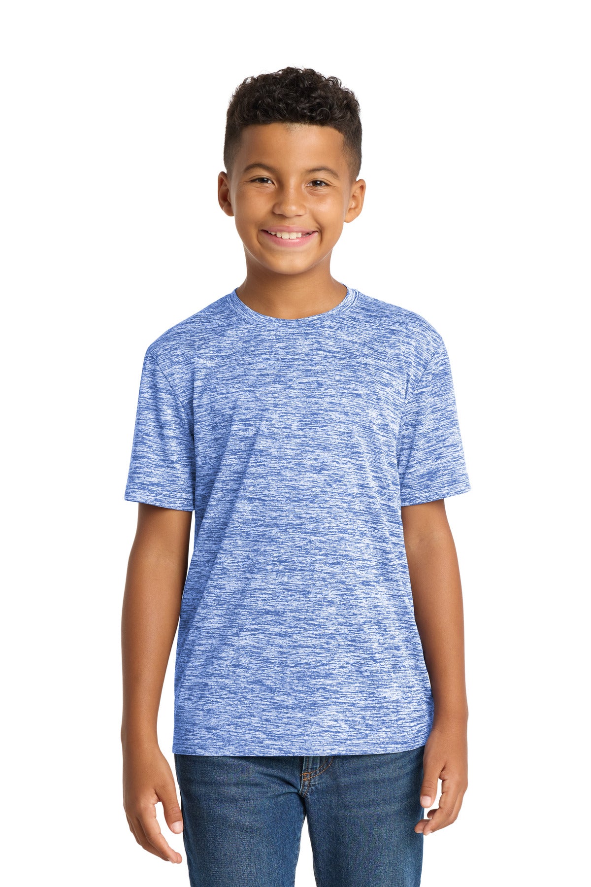 Front View of True Royal Ele Sport-Tek Youth PosiCharge Electric Heather Tee. YST390
