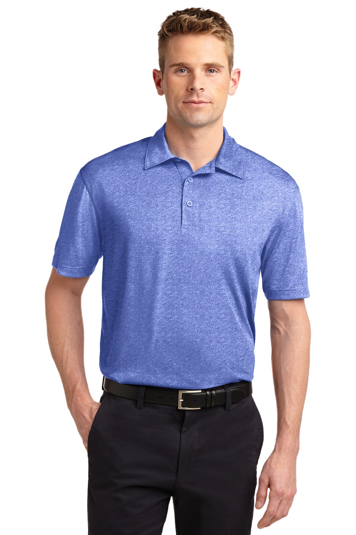 Front View of True Royal Hth Sport-Tek Heather Contender Polo. ST660