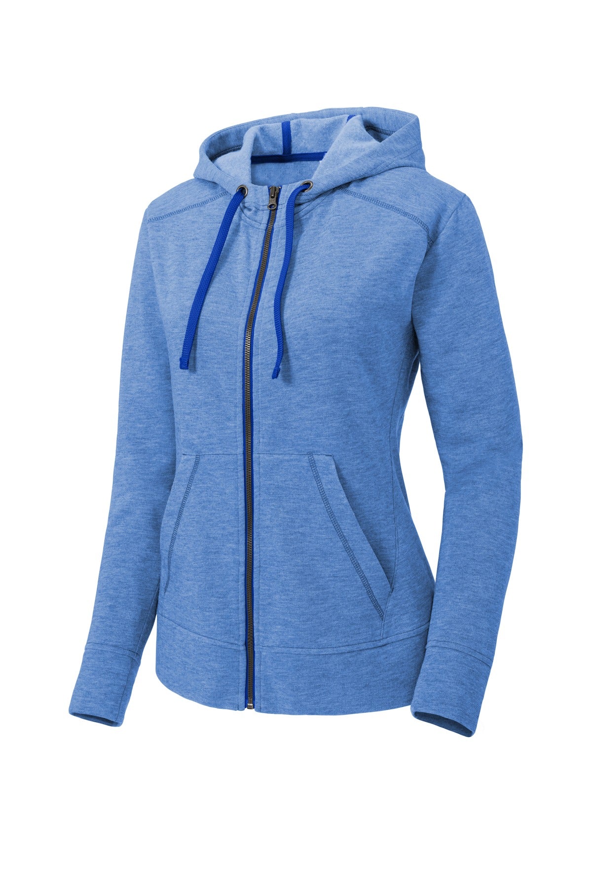 Front View of True Royal Hth Sport-Tek Women's PosiCharge Tri-Blend Wicking Fleece Full-Zip Hooded Jacket LST293