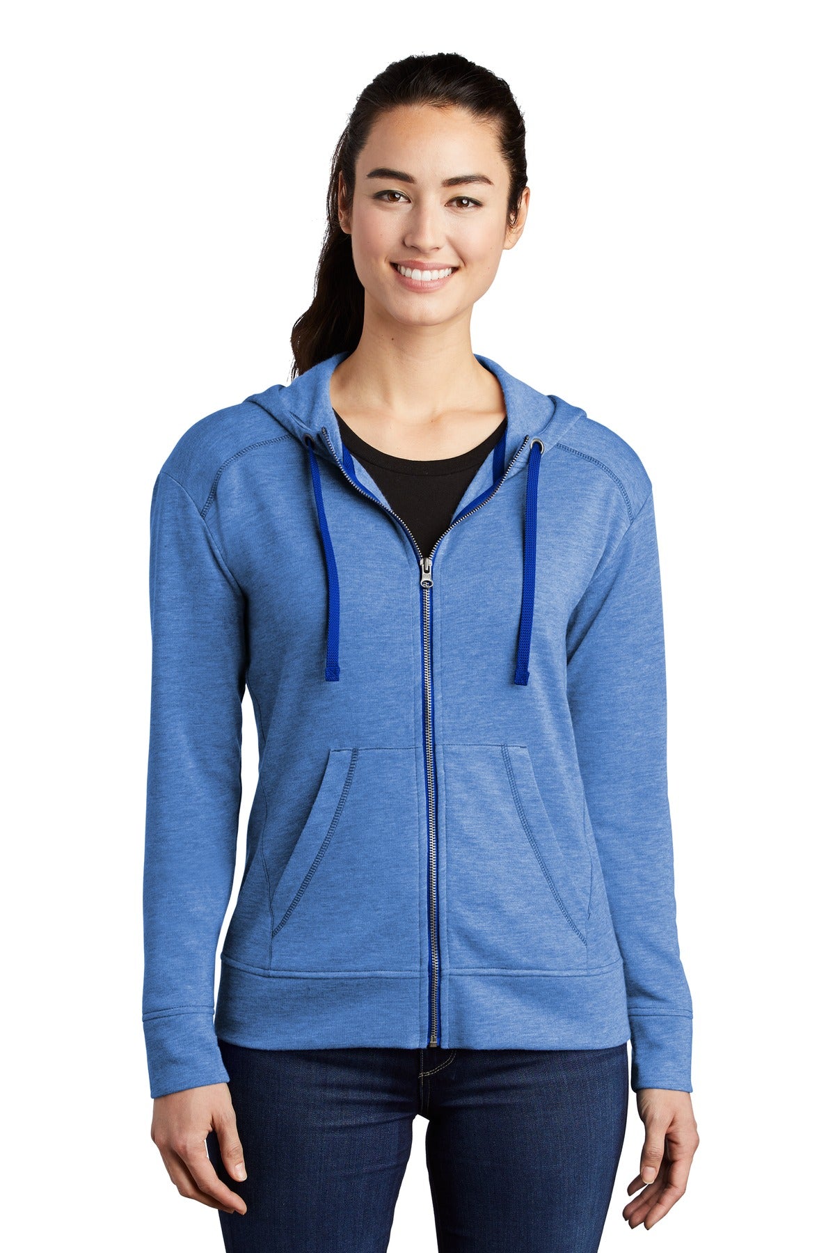 Front View of True Royal Hth Sport-Tek Women's PosiCharge Tri-Blend Wicking Fleece Full-Zip Hooded Jacket LST293