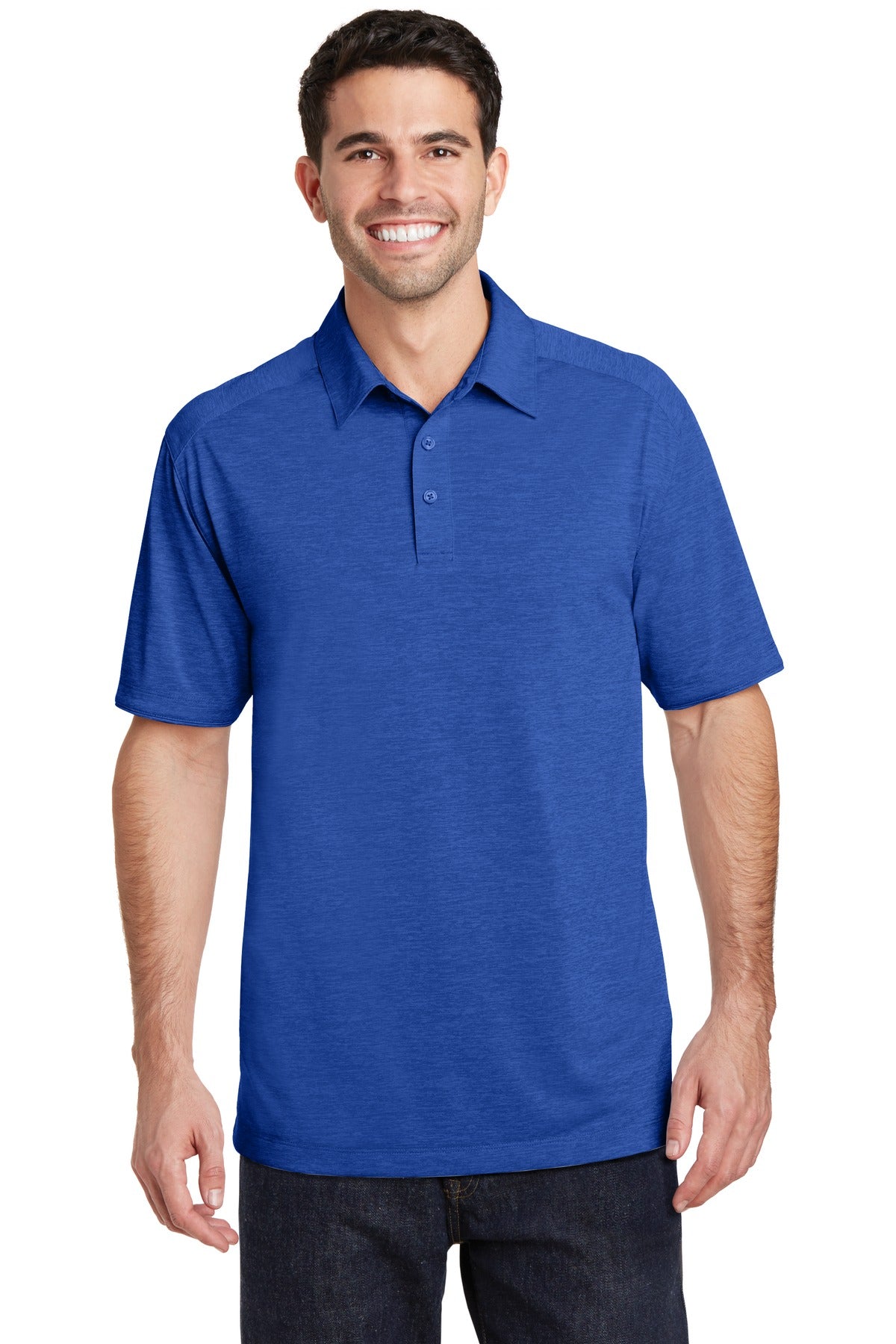 Front View of True Royal Port Authority Digi Heather Performance Polo. K574
