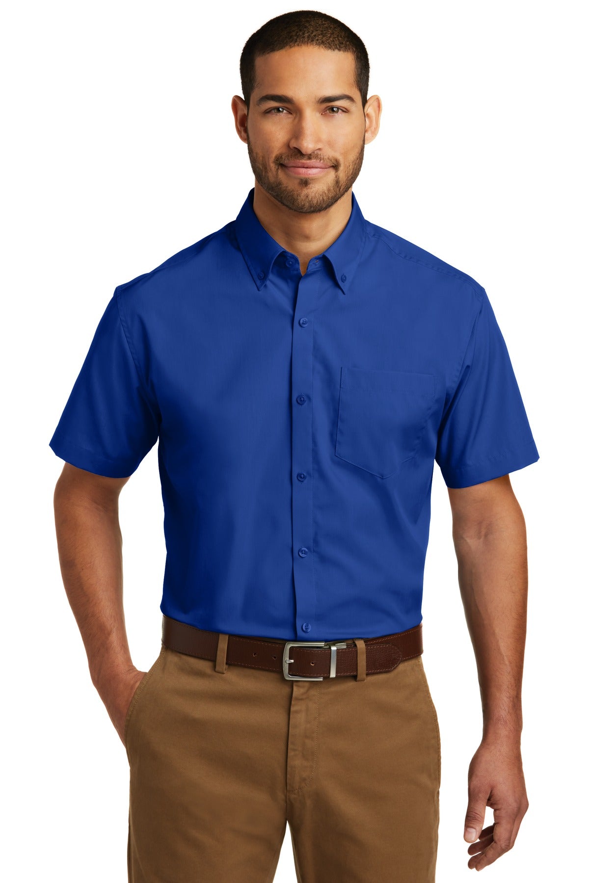 Front View of True Royal Port Authority Short Sleeve Carefree Poplin Shirt. W101
