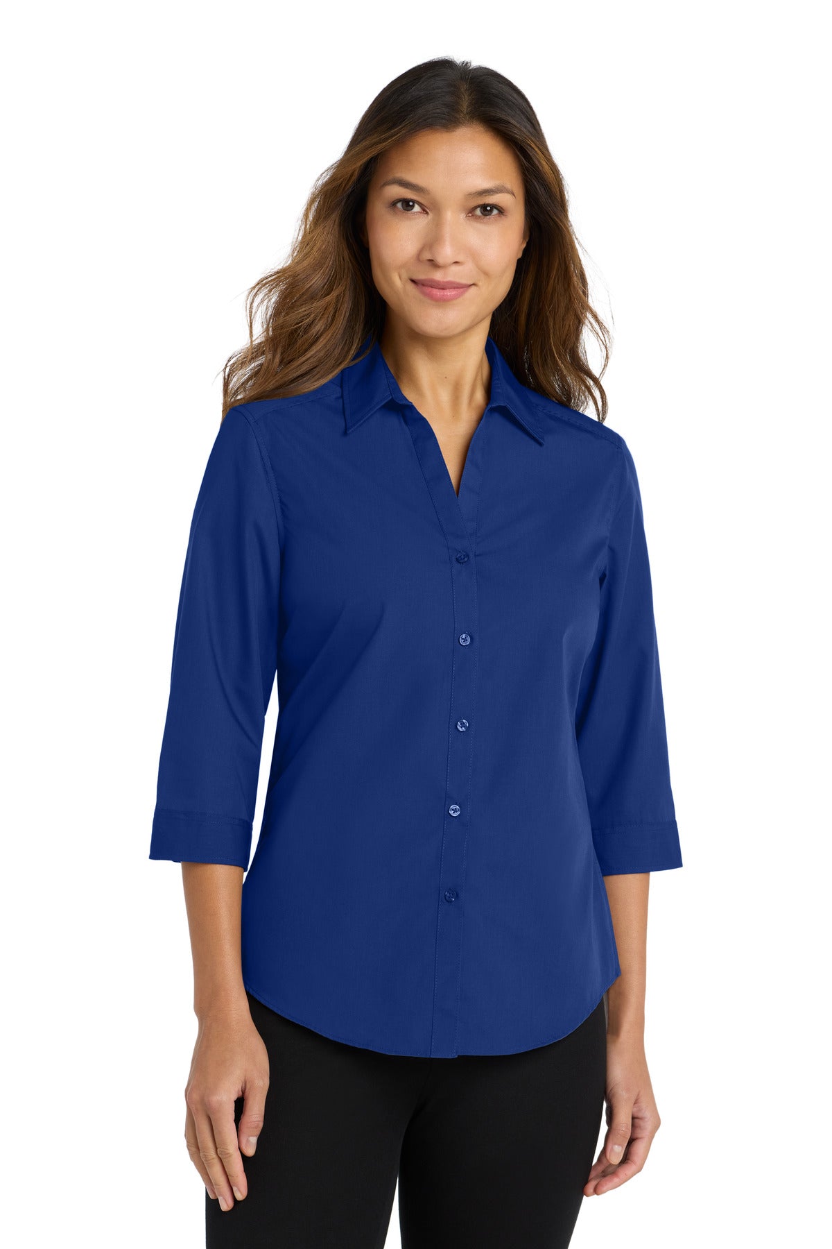 Front View of True Royal Port Authority Women's 3/4-Sleeve Carefree Poplin Shirt. LW102
