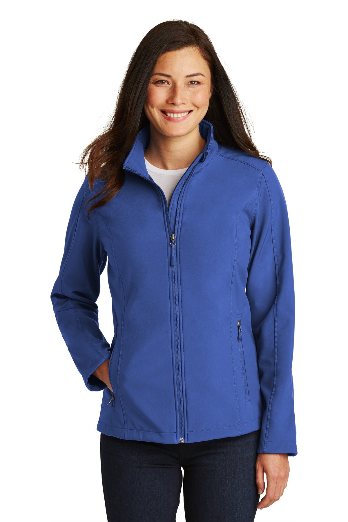 Front View of True Royal Port Authority Women's Core Soft Shell Jacket. L317