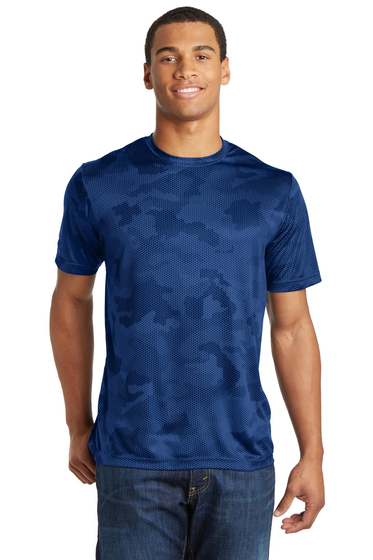 Front View of True Royal Sport-Tek CamoHex Tee. ST370