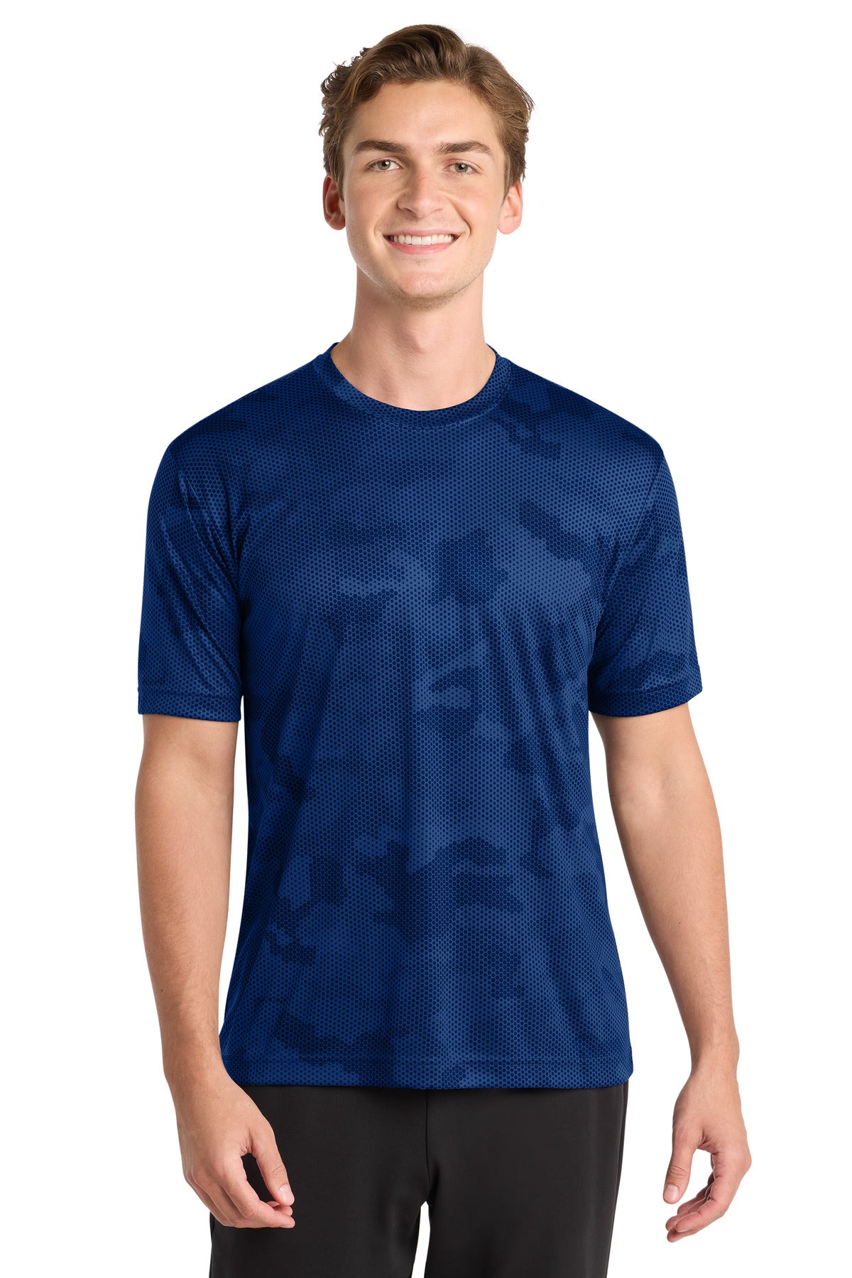 Front View of True Royal Sport-Tek CamoHex Tee. ST370