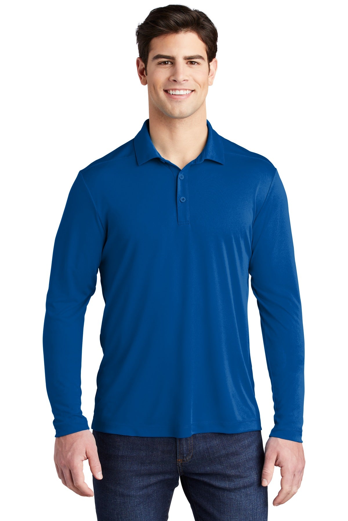 Front View of True Royal Sport-Tek Posi-UV Pro Long Sleeve Polo. ST520LS