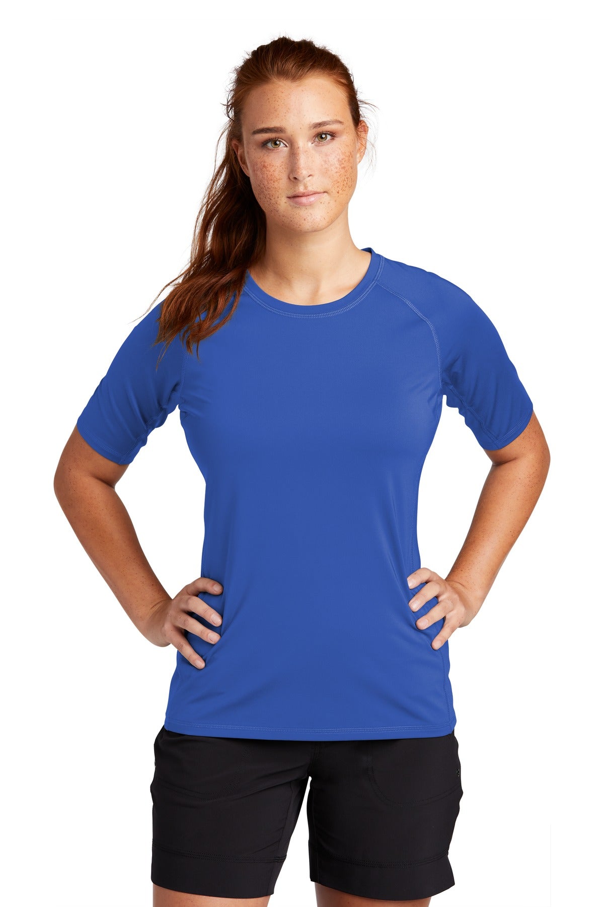 Front View of True Royal Sport-Tek Women's Rashguard Tee. LST470