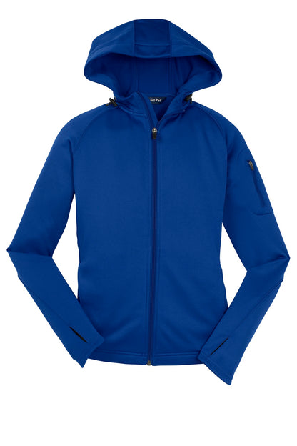 Front View of True Royal Sport-Tek Women's Tech Fleece Full-Zip Hooded Jacket. L248