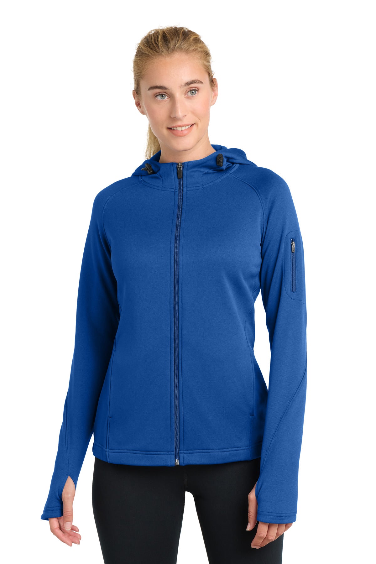 Front View of True Royal Sport-Tek Women's Tech Fleece Full-Zip Hooded Jacket. L248