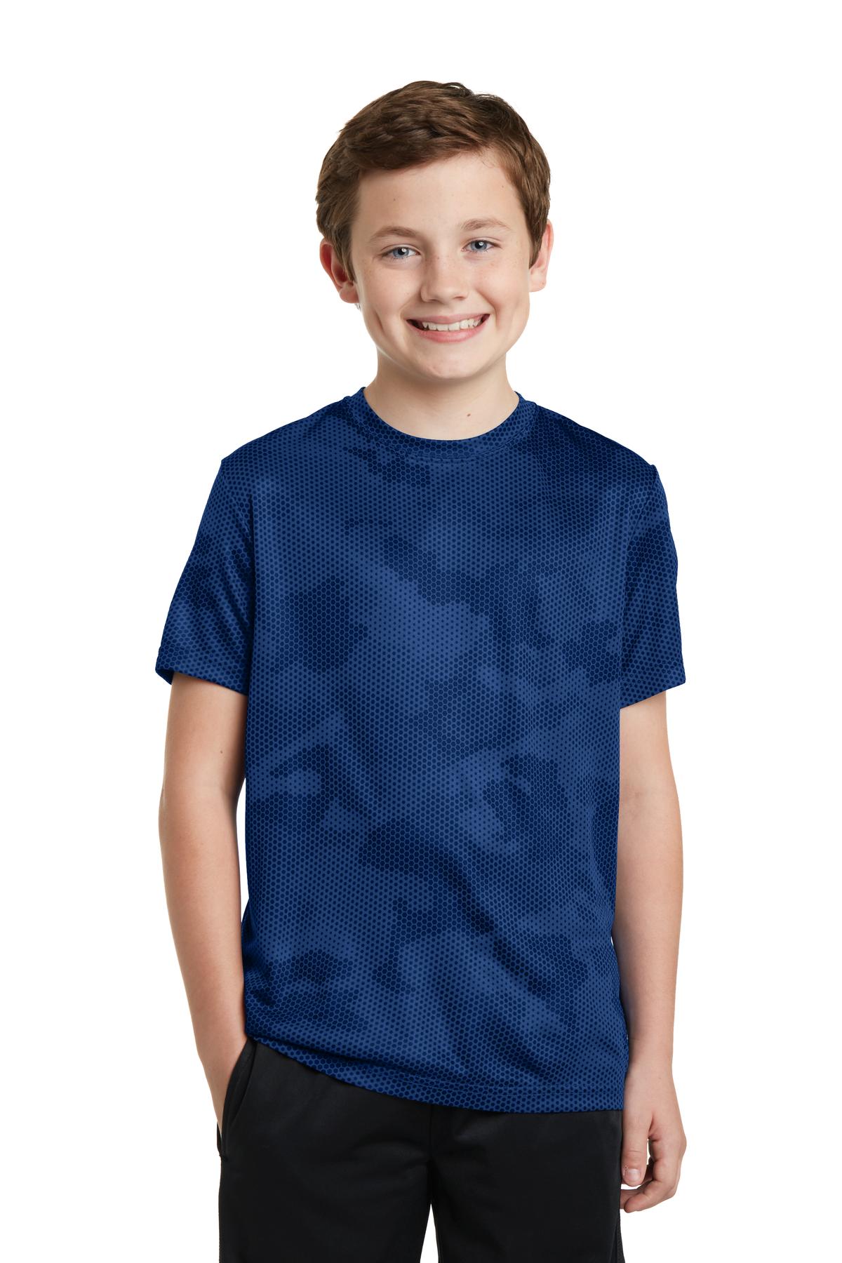 Front View of True Royal Sport-Tek Youth CamoHex Tee. YST370