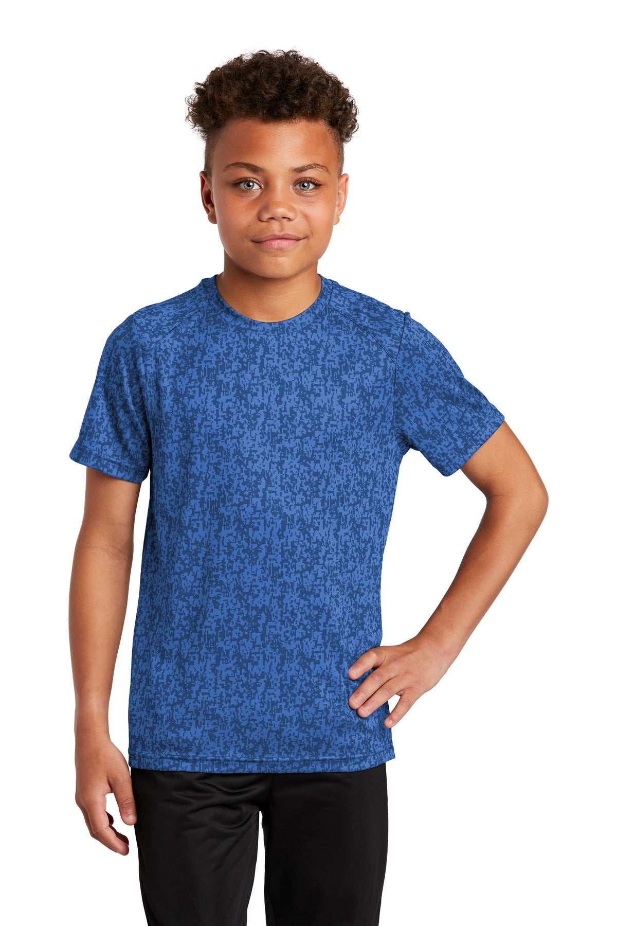 Front View of True Royal Sport-Tek Youth Digi Camo Tee. YST460