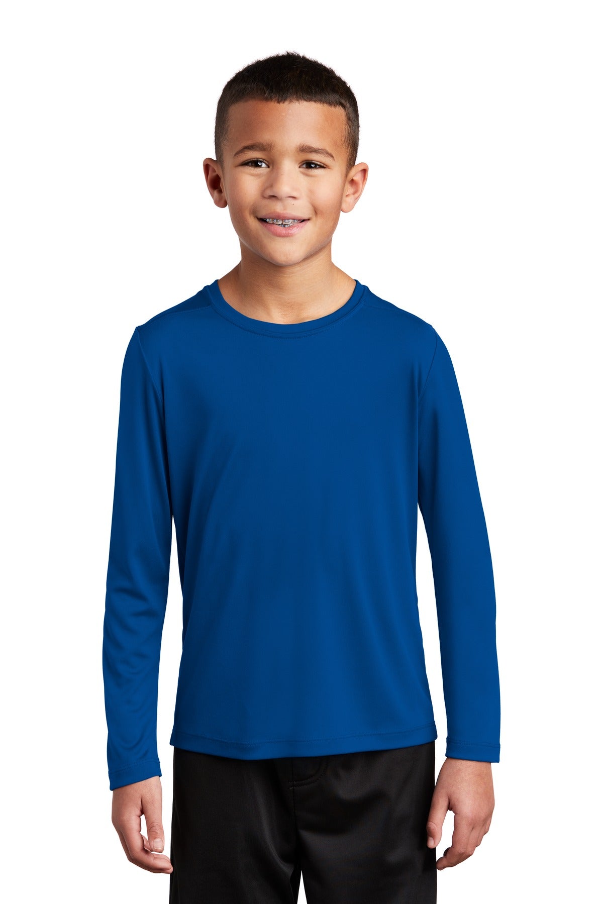 Front View of True Royal Sport-Tek Youth Posi-UV Pro Long Sleeve Tee. YST420LS