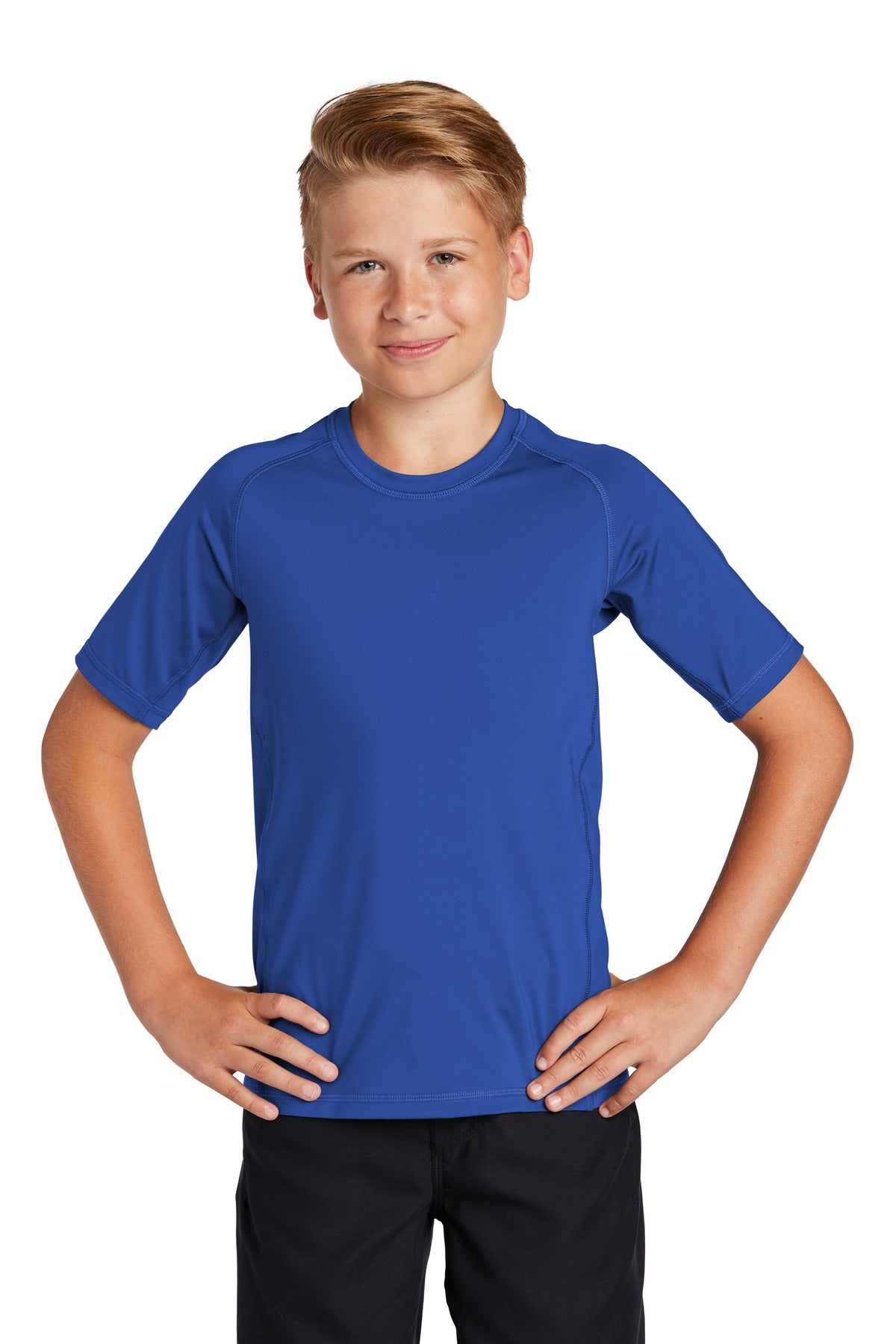Front View of True Royal Sport-Tek Youth Rashguard Tee. YST470