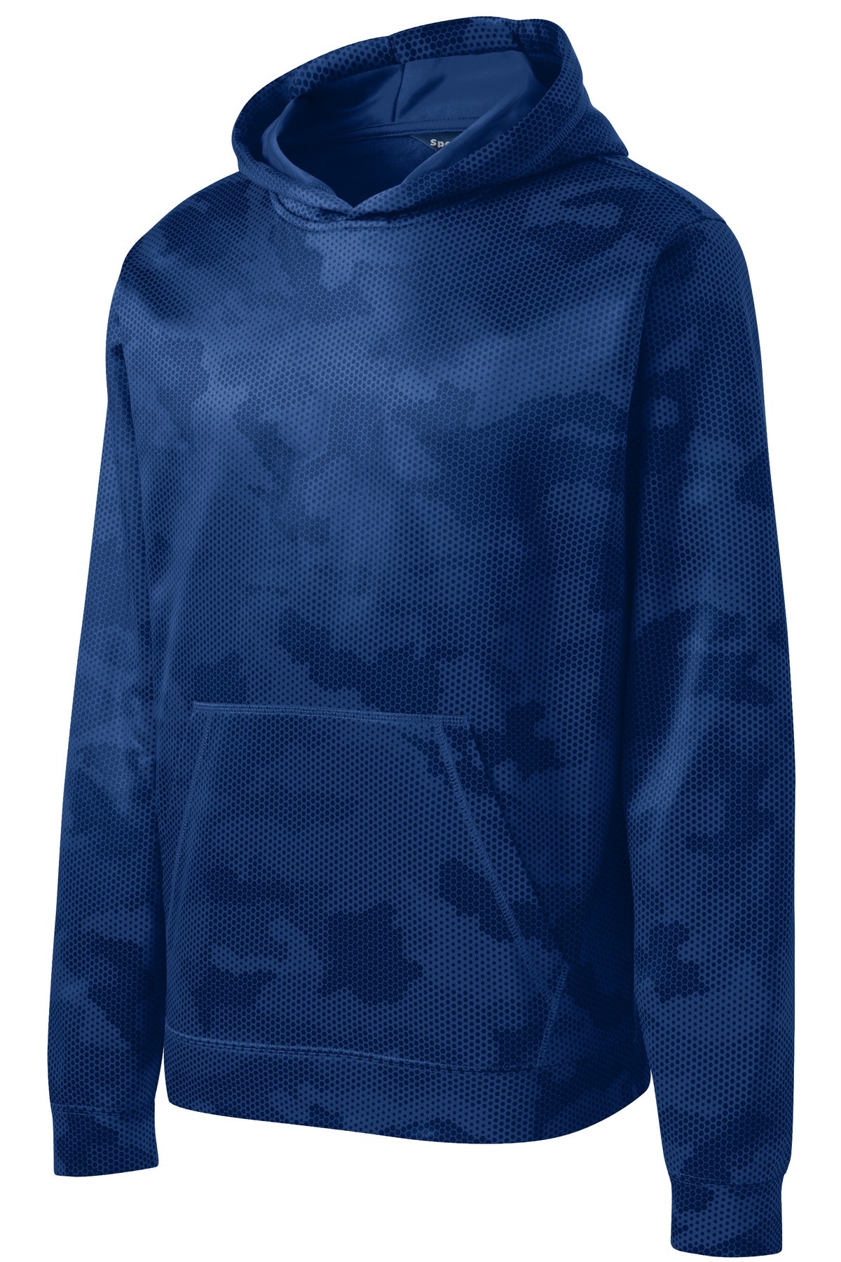 Front View of True Royal Sport-Tek Youth Sport-Wick CamoHex Fleece Hooded Pullover. YST240