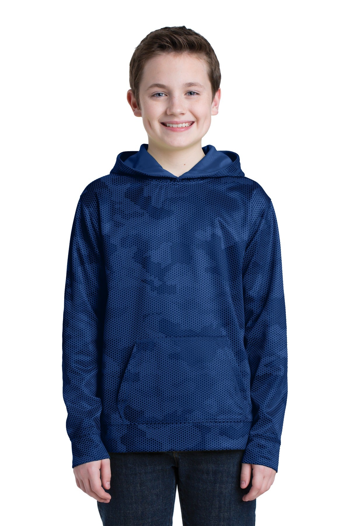 Front View of True Royal Sport-Tek Youth Sport-Wick CamoHex Fleece Hooded Pullover. YST240