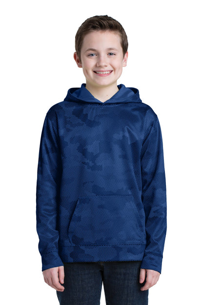 Front View of True Royal Sport-Tek Youth Sport-Wick CamoHex Fleece Hooded Pullover. YST240