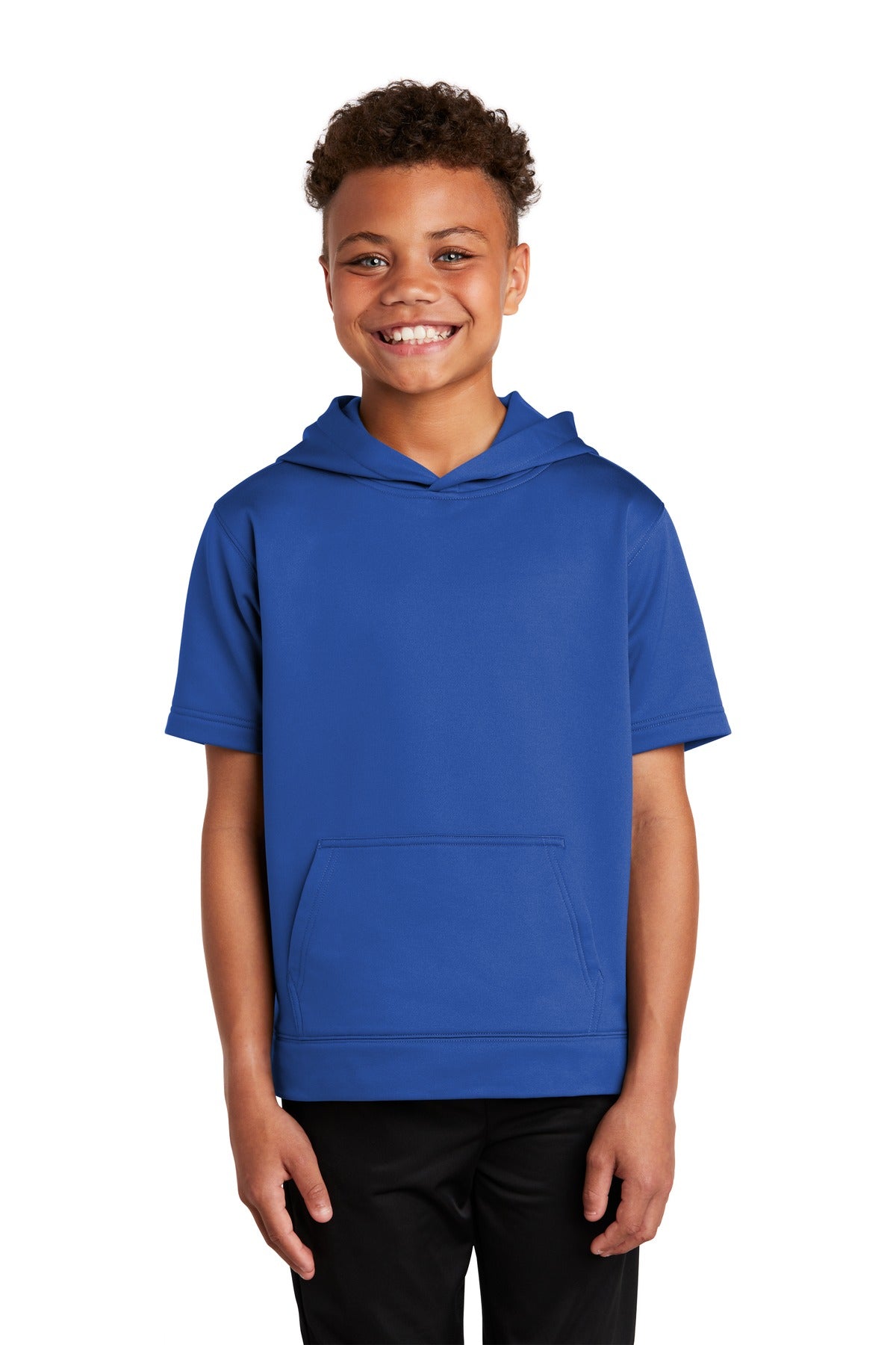 Front View of True Royal Sport-Tek Youth Sport-Wick Fleece Short Sleeve Hooded Pullover. YST251