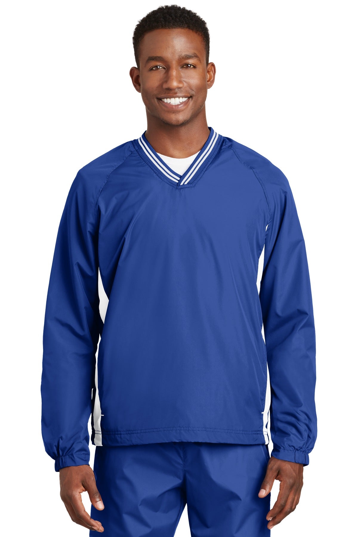Front View of True Royal/Wht Sport-Tek Tipped V-Neck Raglan Wind Shirt. JST62