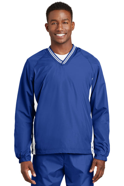Front View of True Royal/Wht Sport-Tek Tipped V-Neck Raglan Wind Shirt. JST62