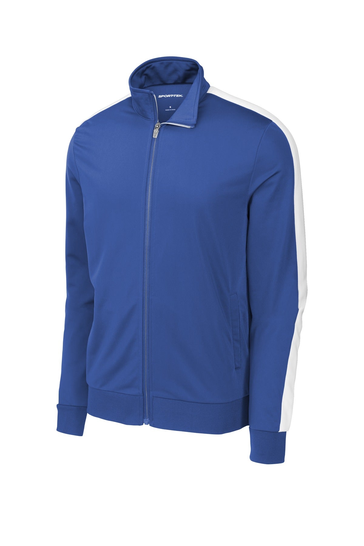 Front View of True Royal/Wht Sport-Tek Tricot Sleeve Stripe Track Jacket. JST94