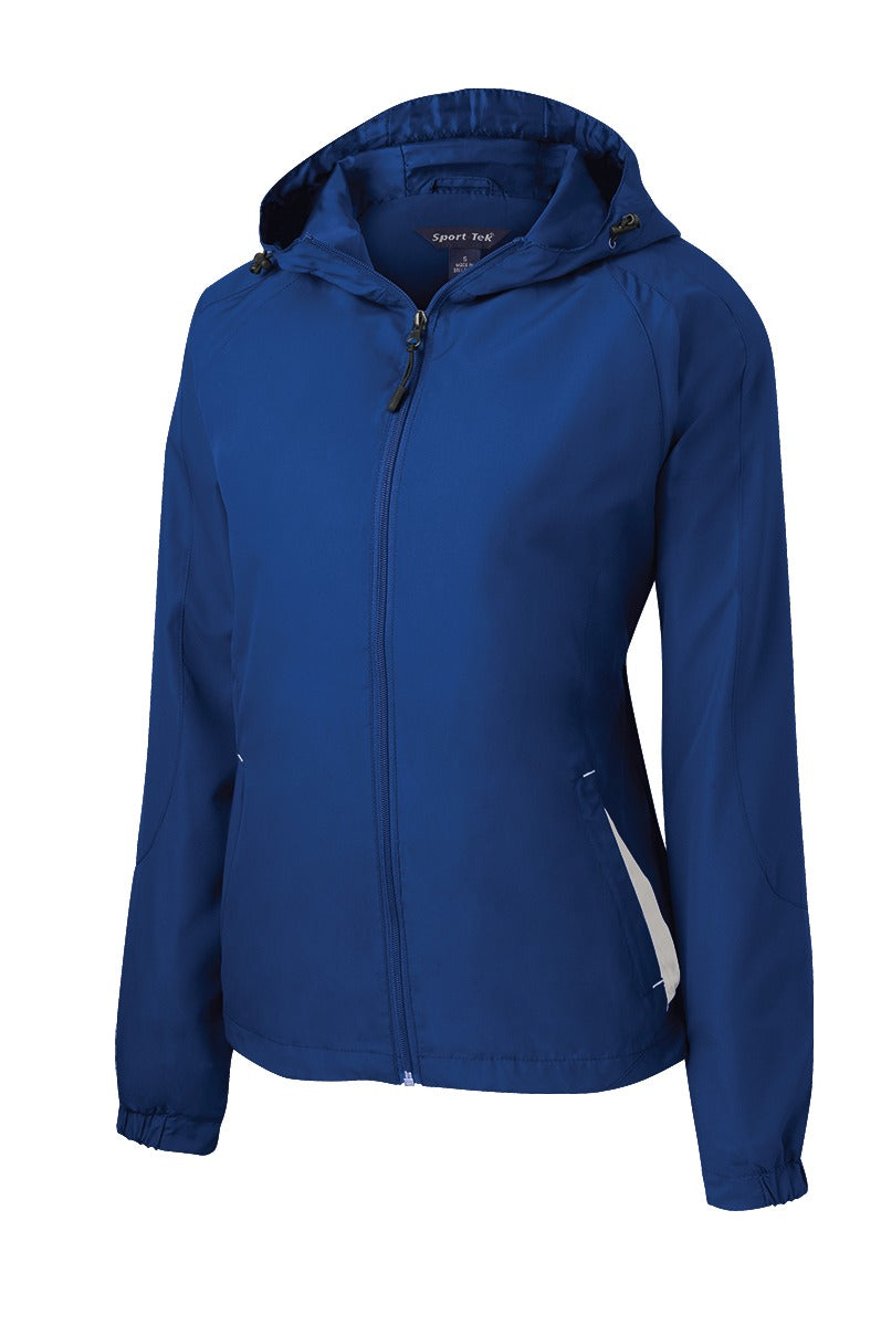 Front View of True Royal/Wht Sport-Tek Women's Colorblock Hooded Raglan Jacket. LST76