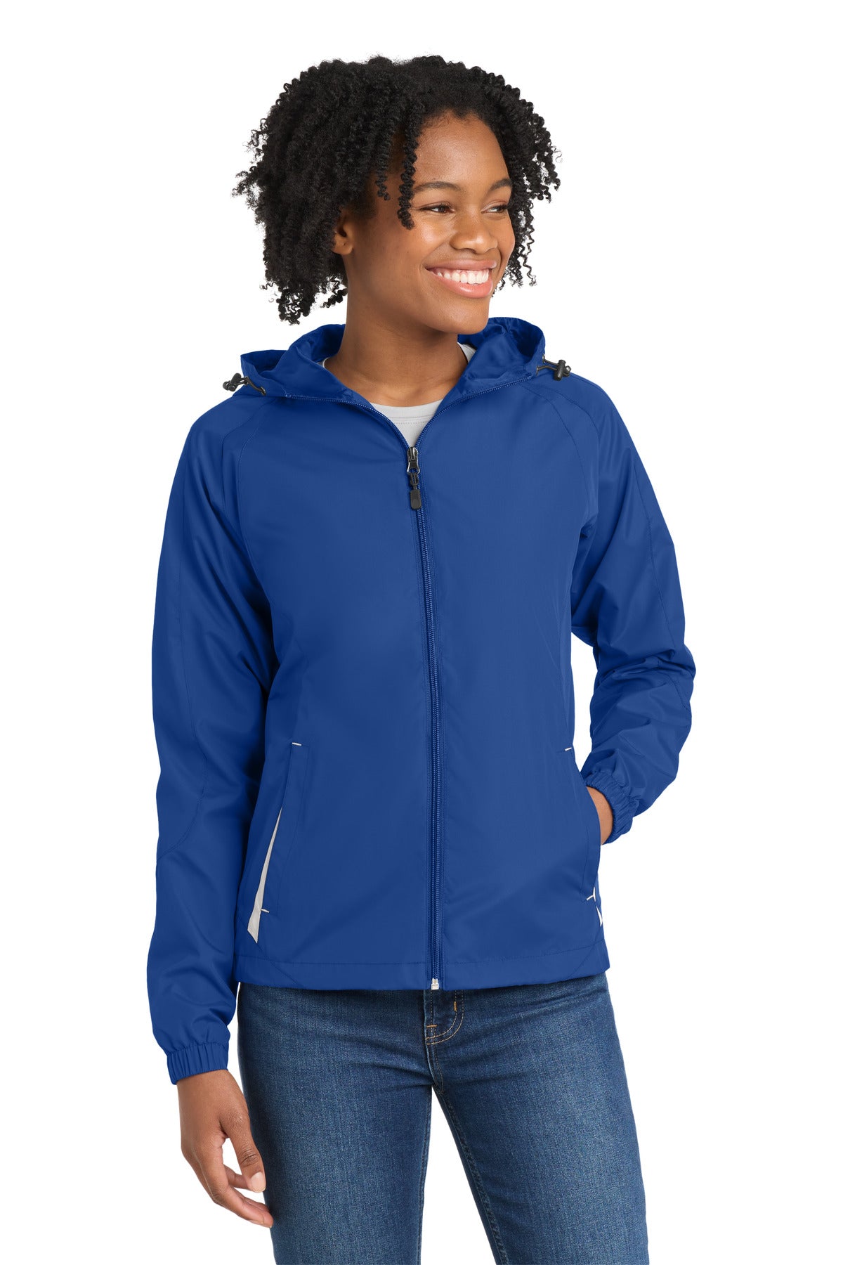 Front View of True Royal/Wht Sport-Tek Women's Colorblock Hooded Raglan Jacket. LST76