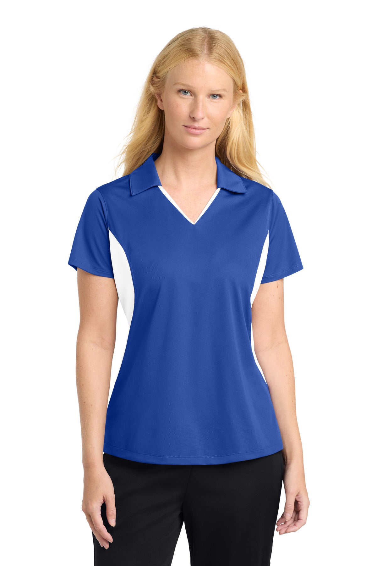 Front View of True Royal/Wht Sport-Tek Women's Side Blocked Micropique Sport-Wick Polo. LST655