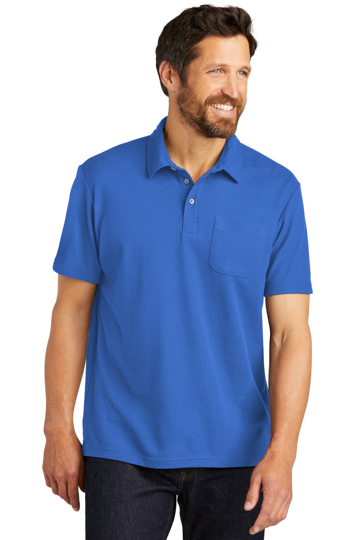 Front View of TrueBlue Port Authority C-FREE Cotton Blend Pique Pocket Polo K868