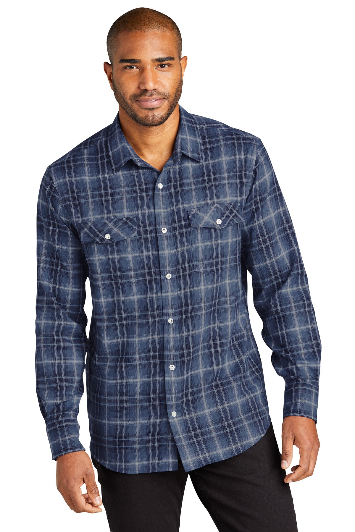 Front View of TrueNavy Port Authority Long Sleeve Ombre Plaid Shirt W672