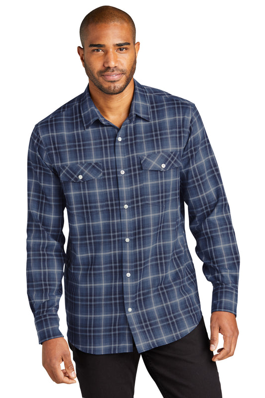 Front View of TrueNavy Port Authority Long Sleeve Ombre Plaid Shirt W672