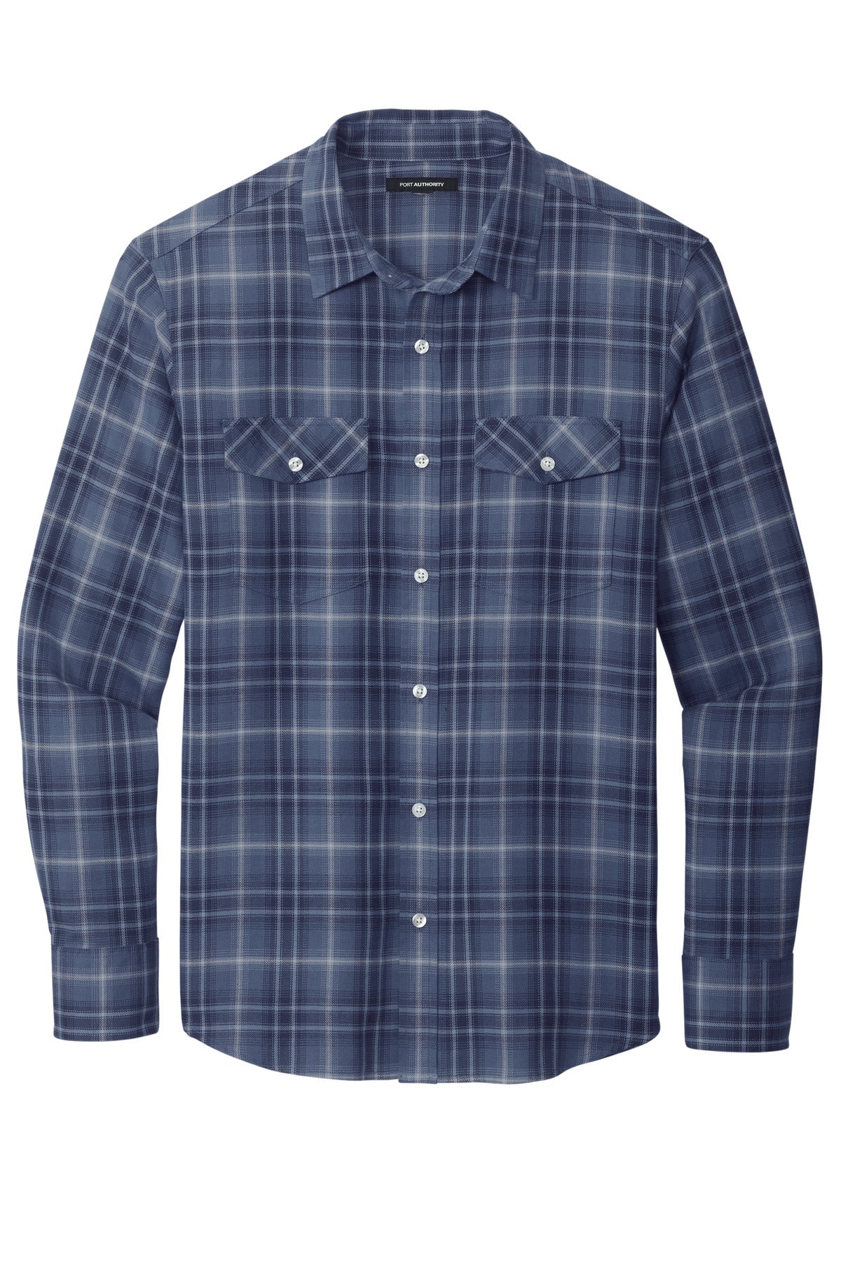 Front View of TrueNavy Port Authority Long Sleeve Ombre Plaid Shirt W672