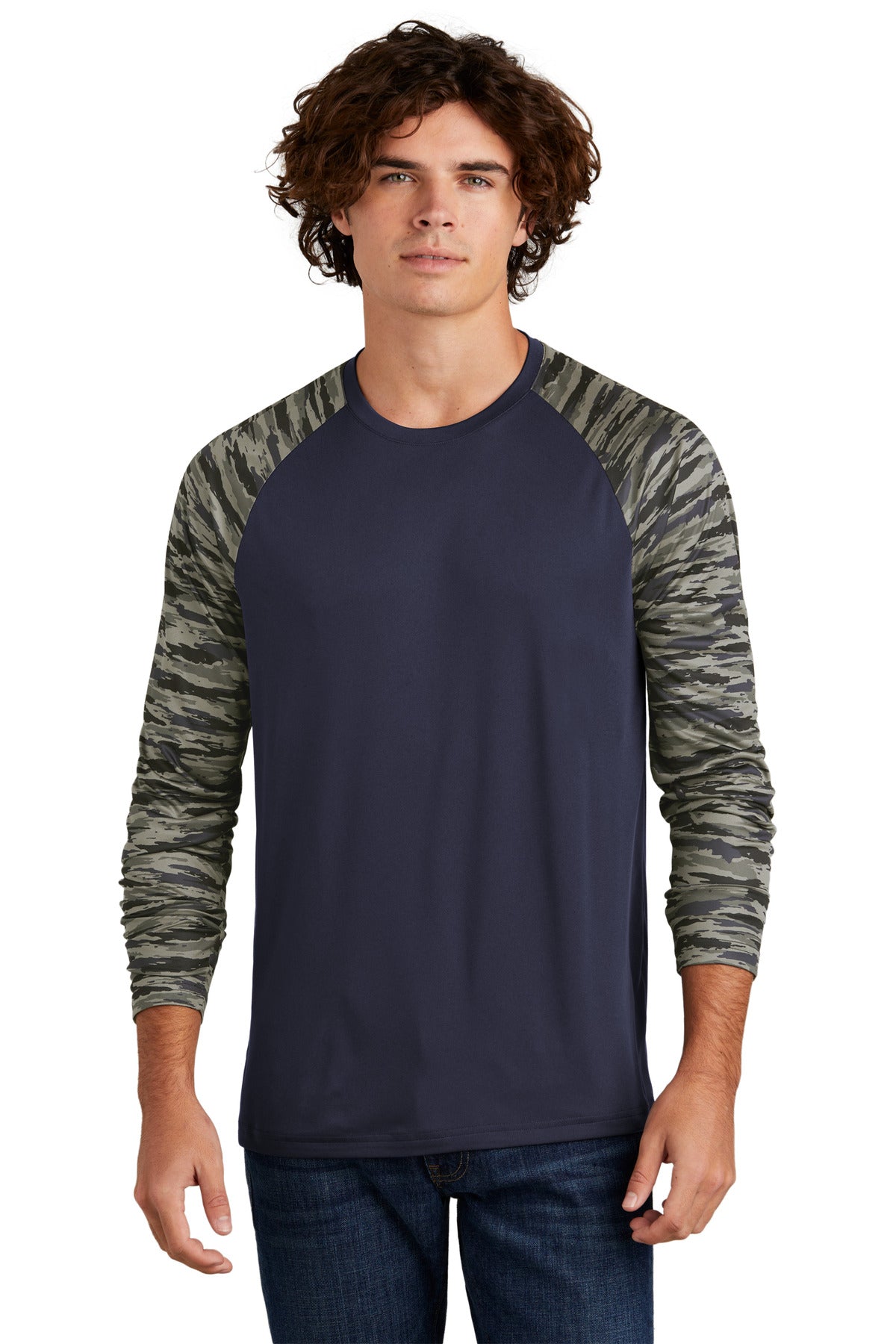 Front View of TrueNavy Sport-Tek Drift Camo Colorblock Long Sleeve Tee ST376LS