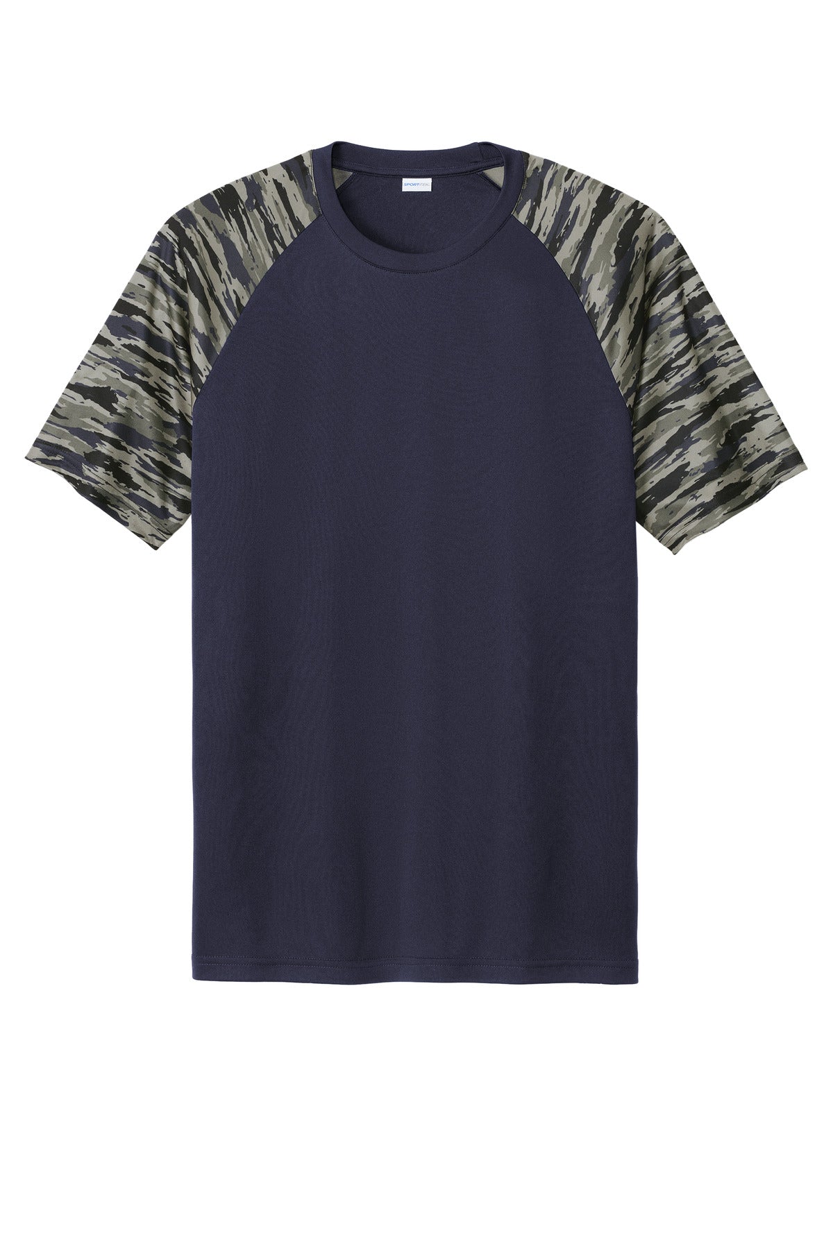 Front View of TrueNavy Sport-Tek Drift Camo Colorblock Tee ST376