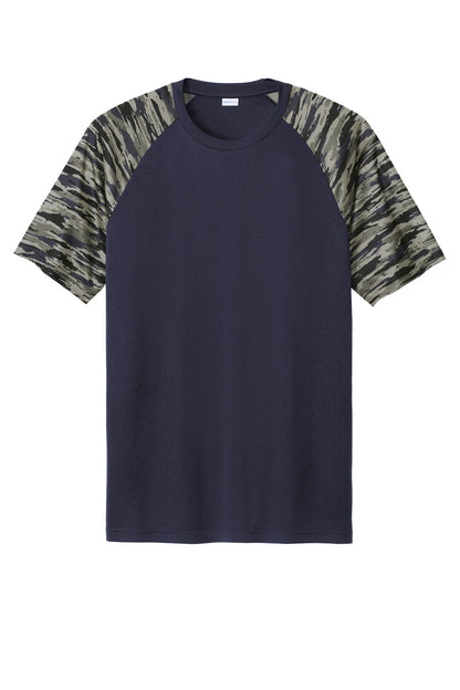 Front View of TrueNavy Sport-Tek Drift Camo Colorblock Tee ST376