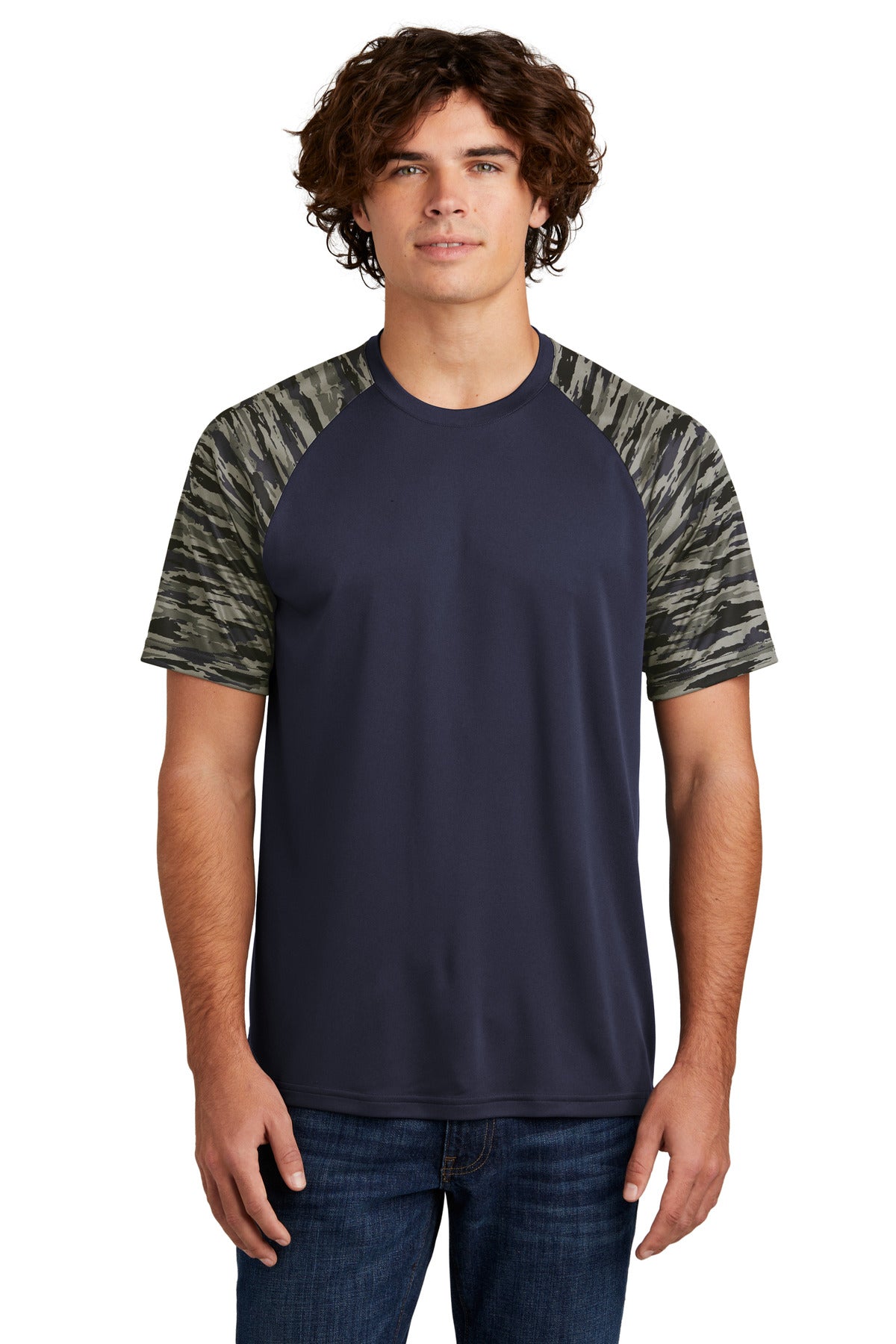 Front View of TrueNavy Sport-Tek Drift Camo Colorblock Tee ST376