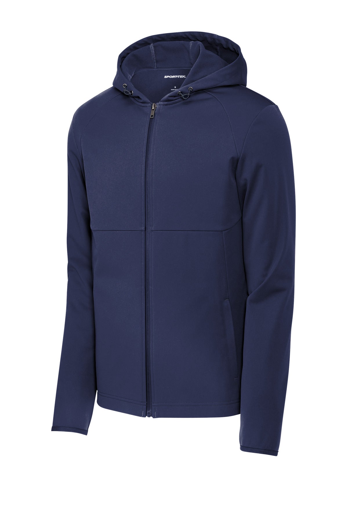Front View of TrueNavy Sport-Tek Hooded Soft Shell Jacket ST980