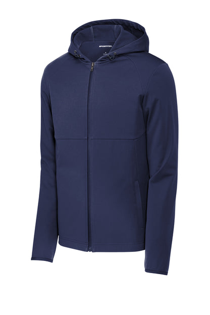 Front View of TrueNavy Sport-Tek Hooded Soft Shell Jacket ST980