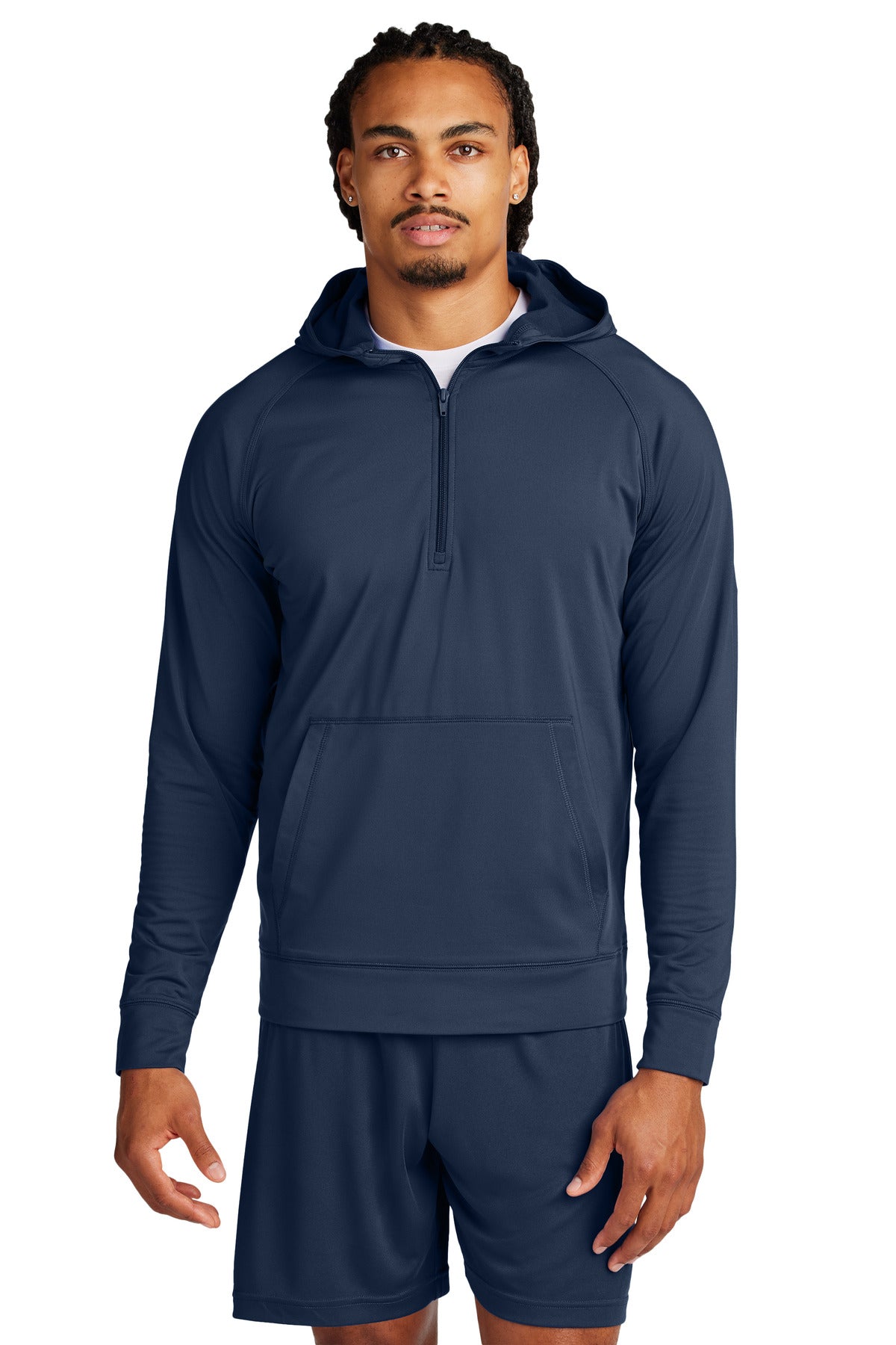 Front View of TrueNavy Sport-Tek Sport-Wick Stretch 1/2-Zip Hoodie ST856