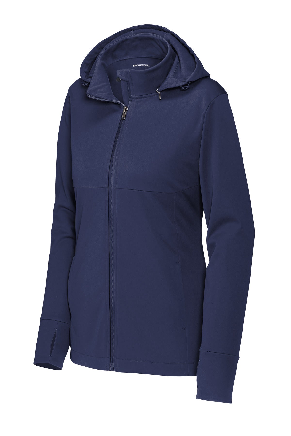 Front View of TrueNavy Sport-Tek Women's Hooded Soft Shell Jacket LST980