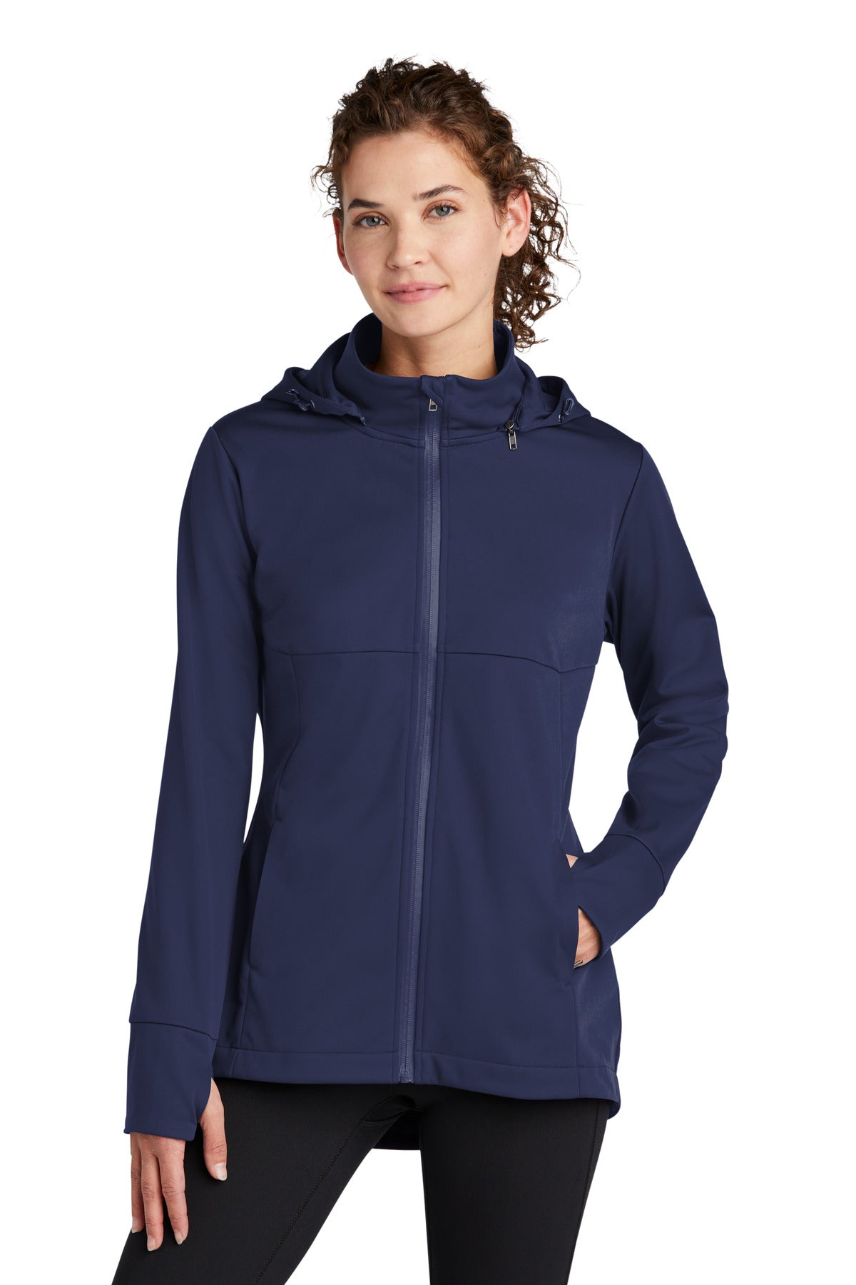 Front View of TrueNavy Sport-Tek Women's Hooded Soft Shell Jacket LST980