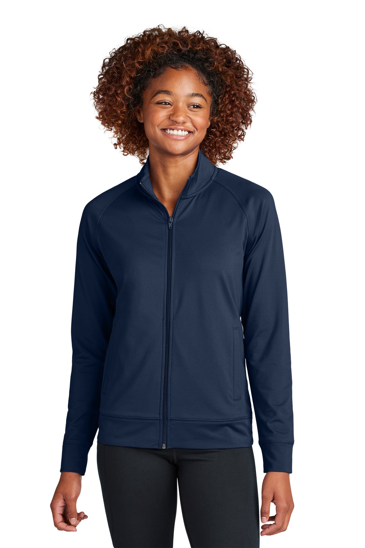 Front View of TrueNavy Sport-Tek Women's Sport-Wick Stretch Full-Zip Cadet Jacket LST857