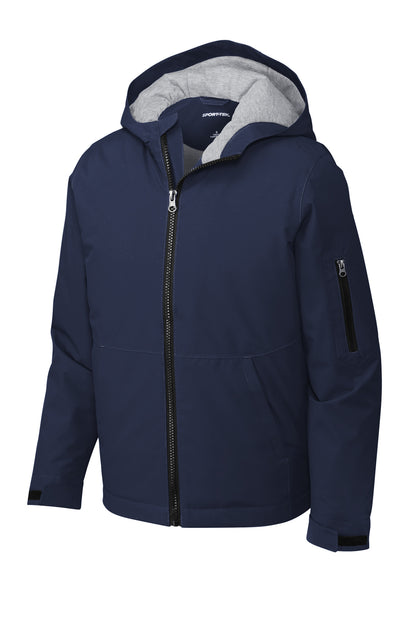 Front View of TrueNavy Sport-Tek Youth Waterproof Insulated Jacket YST56