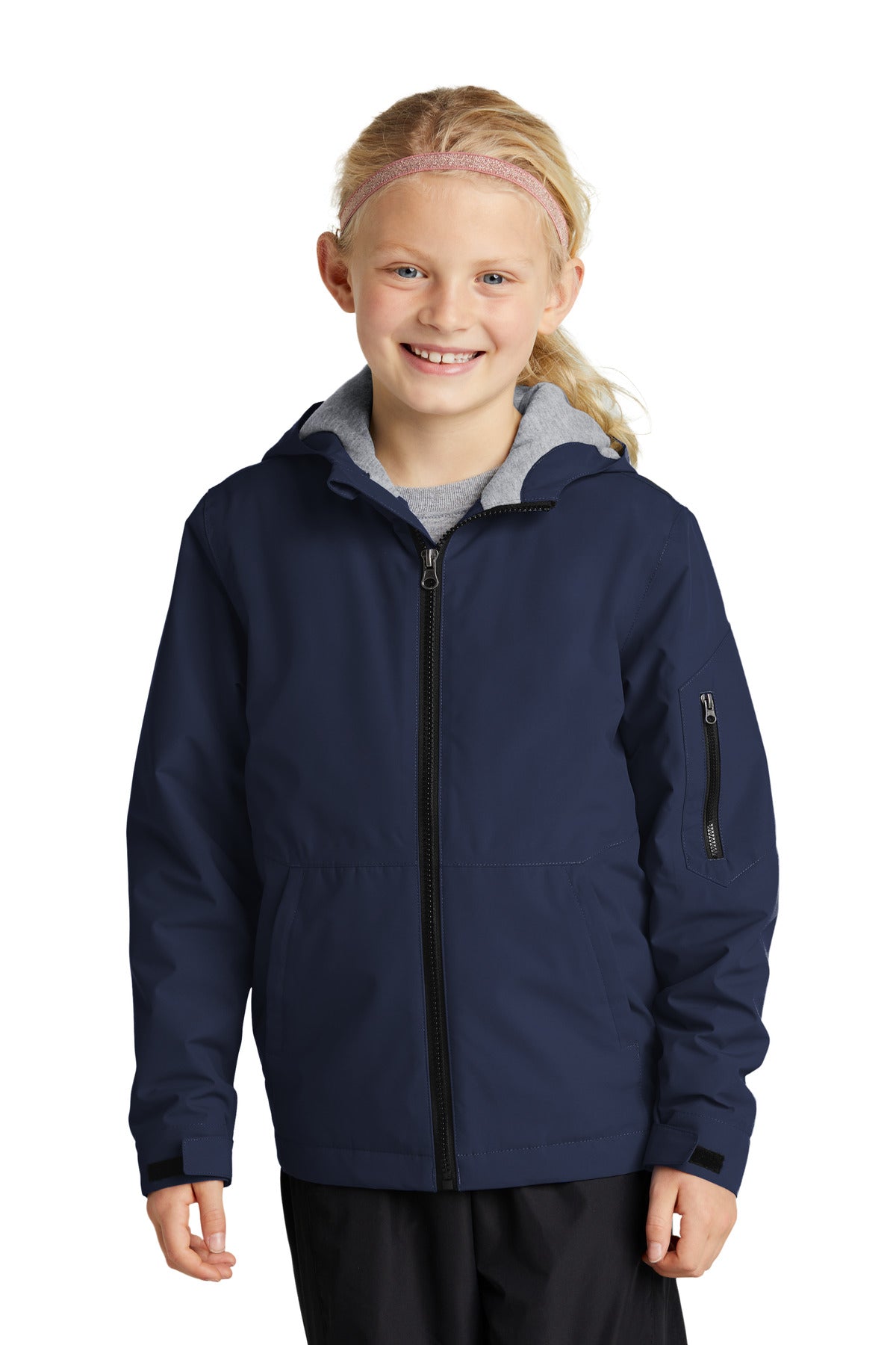 Front View of TrueNavy Sport-Tek Youth Waterproof Insulated Jacket YST56
