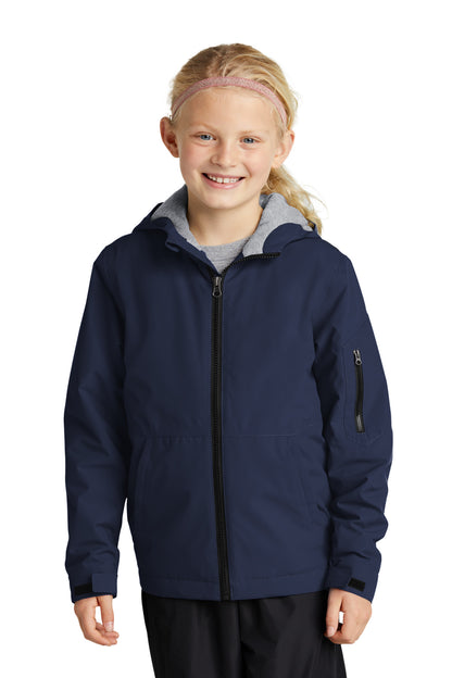 Front View of TrueNavy Sport-Tek Youth Waterproof Insulated Jacket YST56