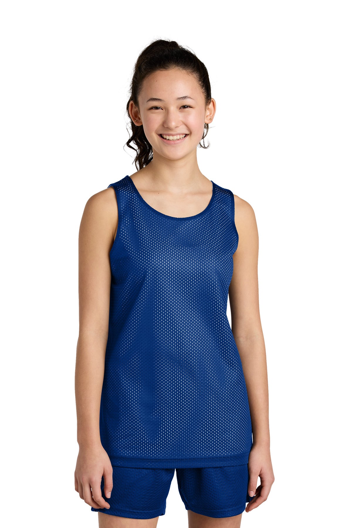 Front View of TRy/White Sport-Tek Youth PosiCharge Reversible Mesh Tank YST5000