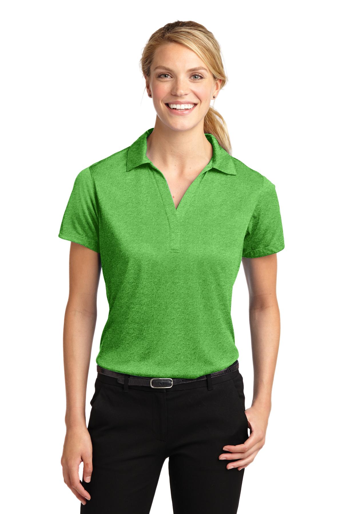 Front View of Turf Grn Hthr Sport-Tek Women's Heather Contender Polo. LST660