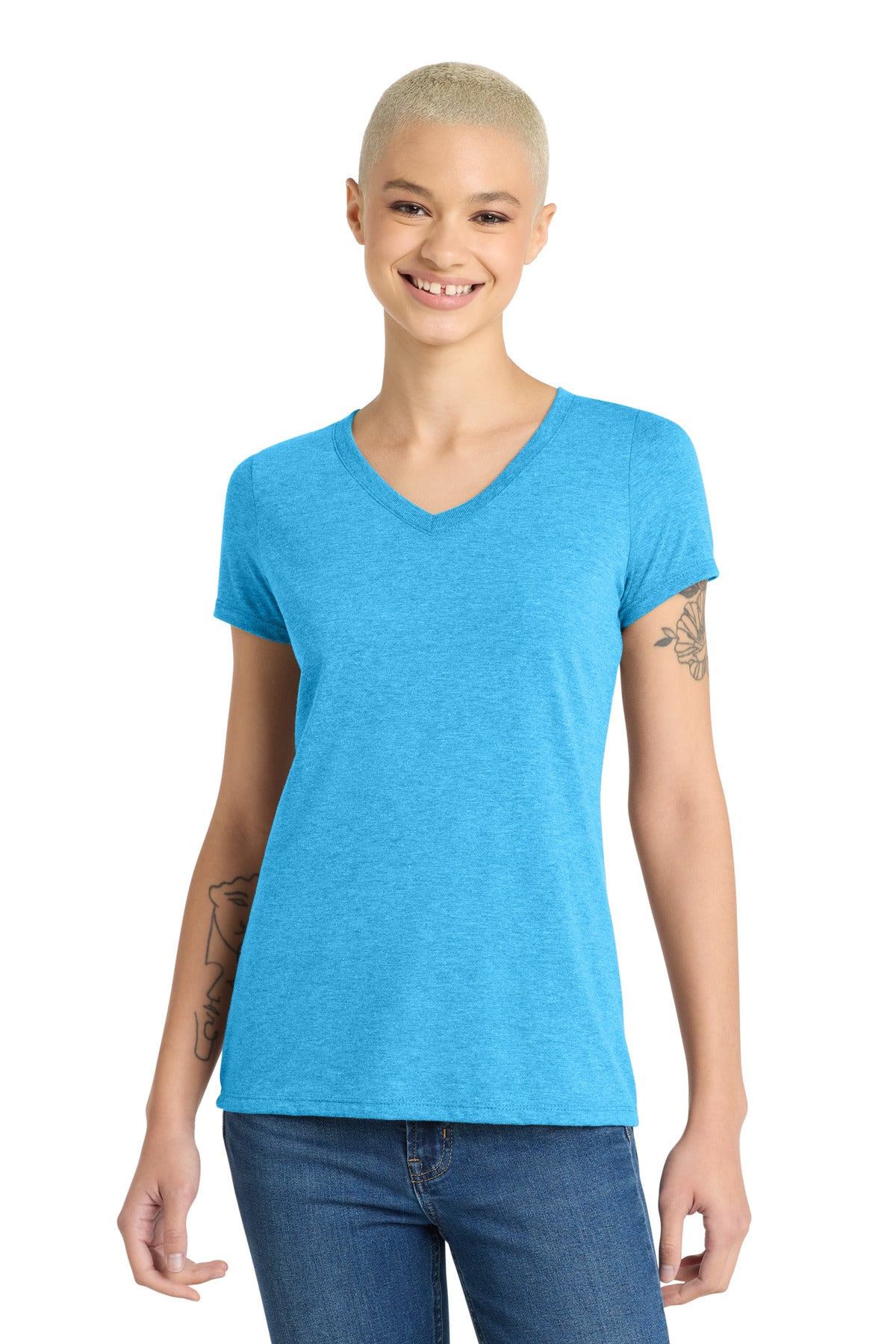 Front View of Turquoise Frst District Women's Perfect Tri V-Neck Tee. DM1350L