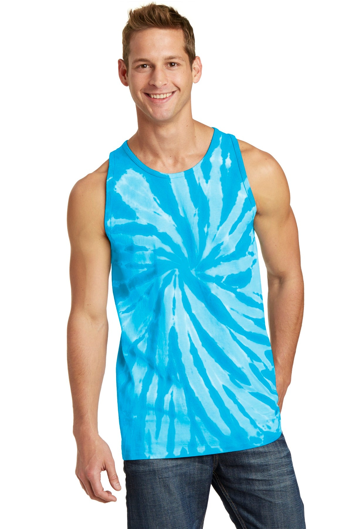 Front View of Turquoise Port & Company Tie-Dye Tank Top. PC147TT