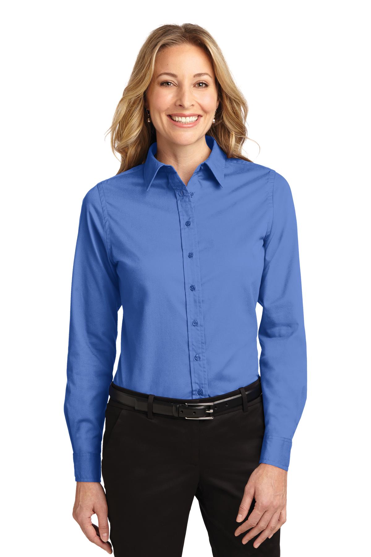 Front View of Ultramarne Blu Port Authority Women's Long Sleeve Easy Care Shirt. L608